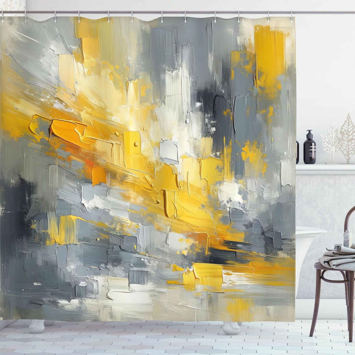 Yellow Shower Curtain, Modern Abstract Composition of Contemporary Brush Stroke Print Surreal, Cloth Fabric Bathroom Decor Set with Hooks, 69" W x 75" L, Purpleblue Marigold Grey