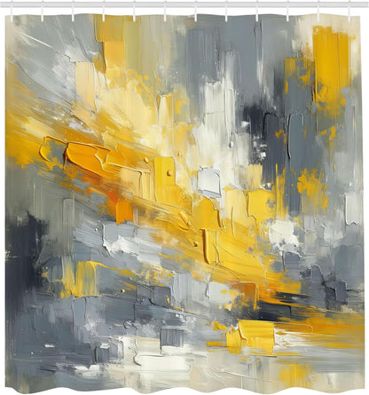Yellow Shower Curtain, Modern Abstract Composition of Contemporary Brush Stroke Print Surreal, Cloth Fabric Bathroom Decor Set with Hooks, 69" W x 75" L, Purpleblue Marigold Grey