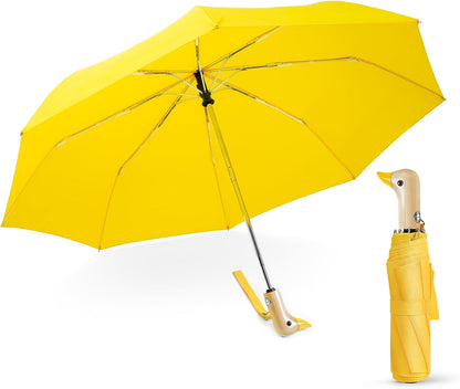 Cute Duck Umbrella Automatic, Compact Collapsible Travel for Adults & Kids | Wooden Duck Handle, Auto Open Close, Wrist Strap. 46 Inch 8-Rib Canopy, Portable Folding Travel Umbrella. Fun Duck Gift