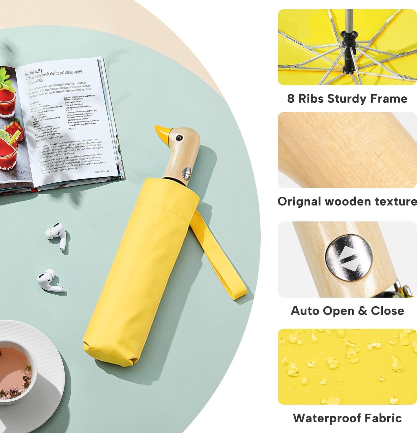 Cute Duck Umbrella Automatic, Compact Collapsible Travel for Adults & Kids | Wooden Duck Handle, Auto Open Close, Wrist Strap. 46 Inch 8-Rib Canopy, Portable Folding Travel Umbrella. Fun Duck Gift