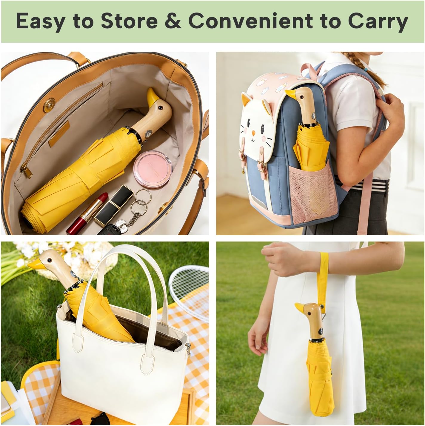 Cute Duck Umbrella Automatic, Compact Collapsible Travel for Adults & Kids | Wooden Duck Handle, Auto Open Close, Wrist Strap. 46 Inch 8-Rib Canopy, Portable Folding Travel Umbrella. Fun Duck Gift