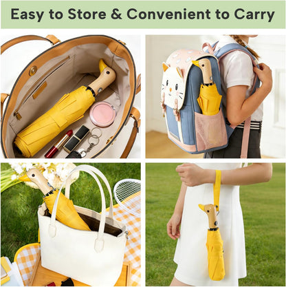 Cute Duck Umbrella Automatic, Compact Collapsible Travel for Adults & Kids | Wooden Duck Handle, Auto Open Close, Wrist Strap. 46 Inch 8-Rib Canopy, Portable Folding Travel Umbrella. Fun Duck Gift