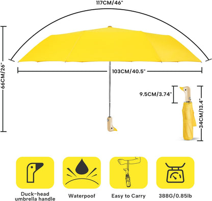 Cute Duck Umbrella Automatic, Compact Collapsible Travel for Adults & Kids | Wooden Duck Handle, Auto Open Close, Wrist Strap. 46 Inch 8-Rib Canopy, Portable Folding Travel Umbrella. Fun Duck Gift