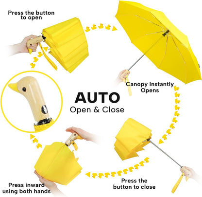 Cute Duck Umbrella Automatic, Compact Collapsible Travel for Adults & Kids | Wooden Duck Handle, Auto Open Close, Wrist Strap. 46 Inch 8-Rib Canopy, Portable Folding Travel Umbrella. Fun Duck Gift