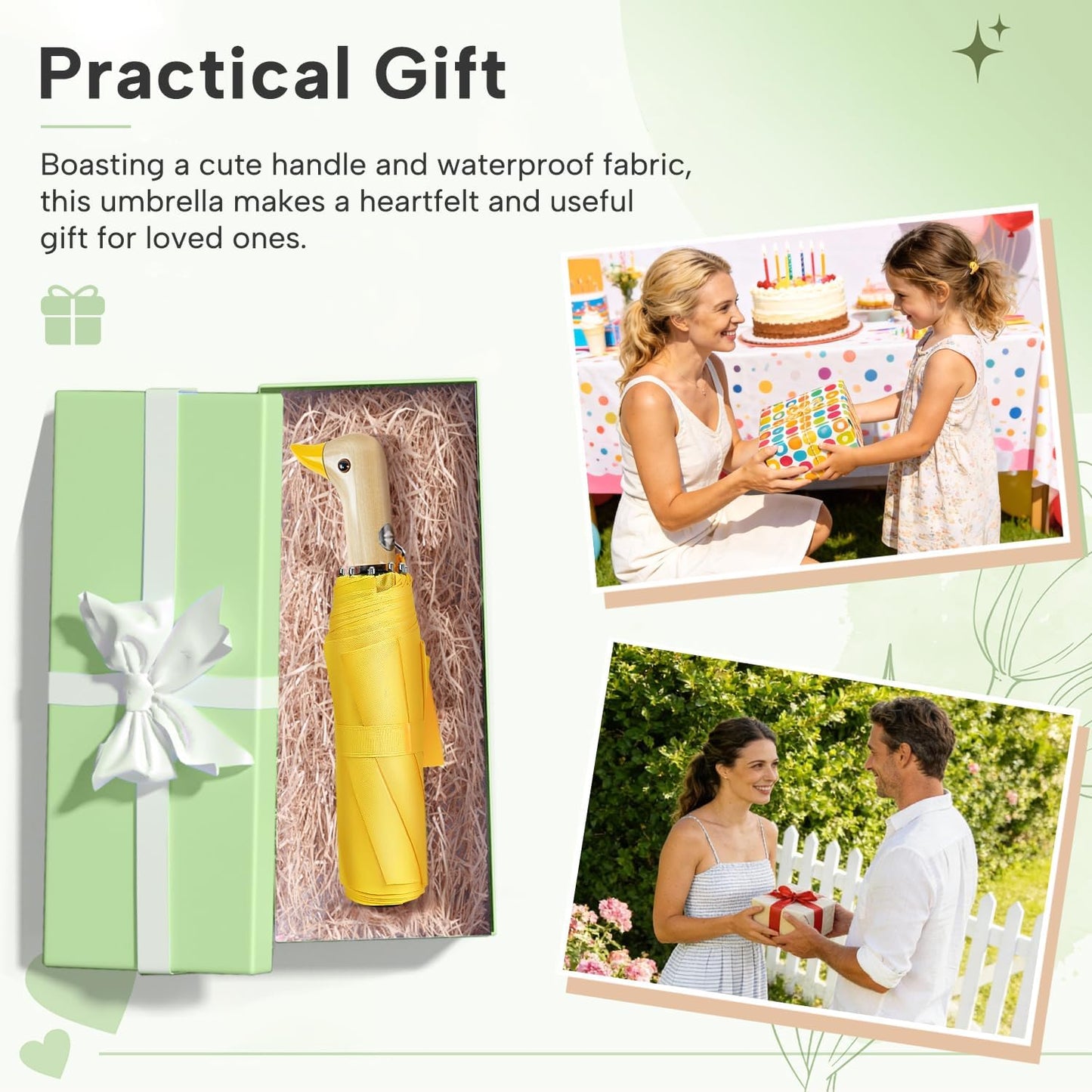 Cute Duck Umbrella Automatic, Compact Collapsible Travel for Adults & Kids | Wooden Duck Handle, Auto Open Close, Wrist Strap. 46 Inch 8-Rib Canopy, Portable Folding Travel Umbrella. Fun Duck Gift