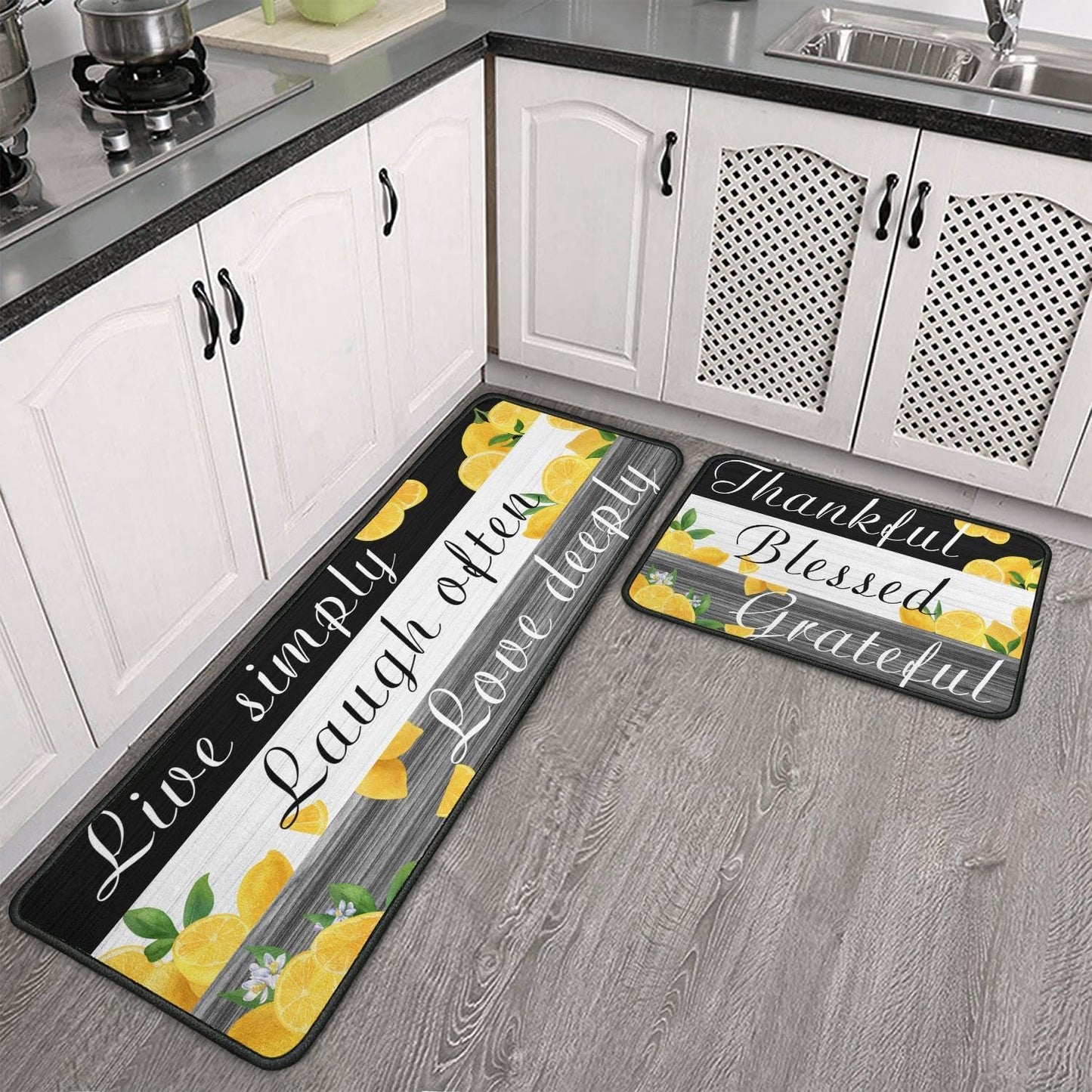 2 Pieces Lemon Kitchen Decor Rug Set, Washable Non-Slip Kitchen Mats and Kitchen Sink Runner Rug, Indoor Farmhouse Style Decoration 17"x47"+17"x30"