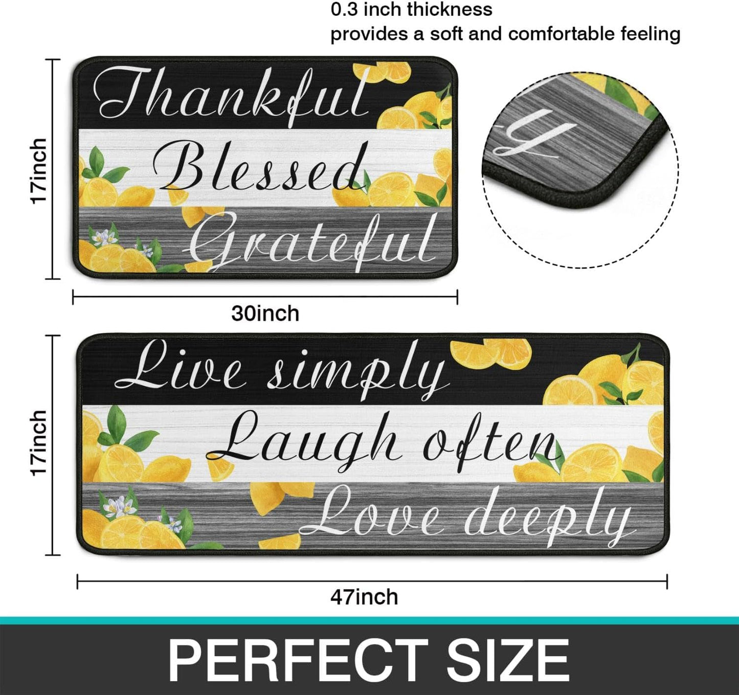 2 Pieces Lemon Kitchen Decor Rug Set, Washable Non-Slip Kitchen Mats and Kitchen Sink Runner Rug, Indoor Farmhouse Style Decoration 17"x47"+17"x30"