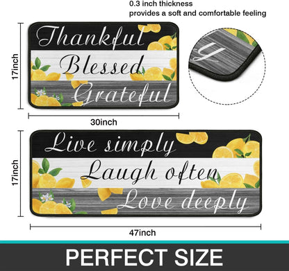 2 Pieces Lemon Kitchen Decor Rug Set, Washable Non-Slip Kitchen Mats and Kitchen Sink Runner Rug, Indoor Farmhouse Style Decoration 17"x47"+17"x30"