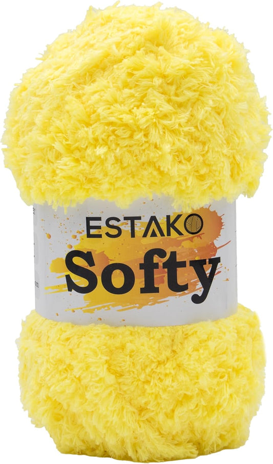 Softy 100% Polyester Fluffy Soft Chunky Bulky Weight #5 Yarn, Yellow | fuzzy, eyelash, faux fur look, teddy bear, plush, thick, feather, 100 g, 98 yds, baby blankets, amigurumi