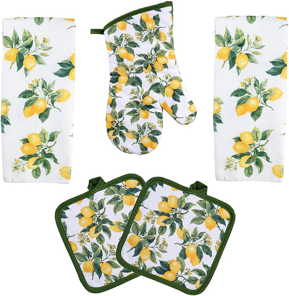 5 Piece Lemon's Lightweight Decorative Kitchen Décor Set Includes 2 Towels,2 Potholders and 1 Oven Mitt (Lemon)