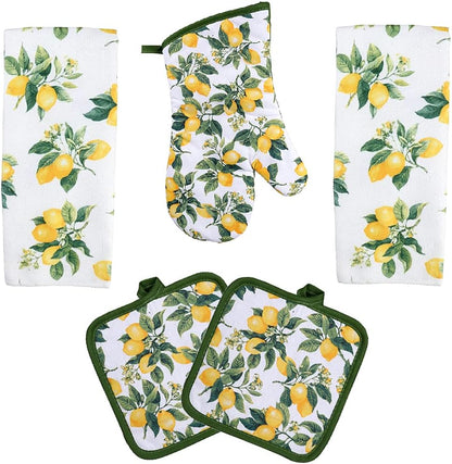 5 Piece Lemon's Lightweight Decorative Kitchen Décor Set Includes 2 Towels,2 Potholders and 1 Oven Mitt (Lemon)