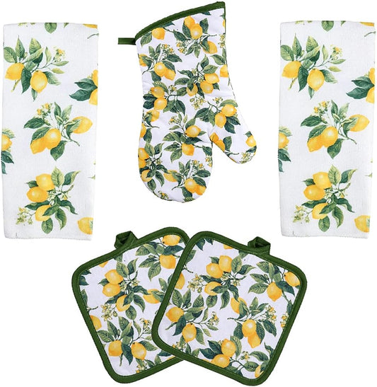 5 Piece Lemon's Lightweight Decorative Kitchen Décor Set Includes 2 Towels,2 Potholders and 1 Oven Mitt (Lemon)
