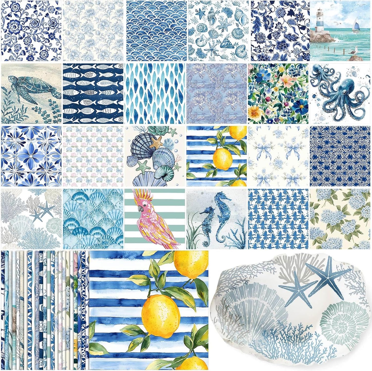 48 Pack 24 Style Blue Coastal Decoupage Napkins Mediterranean Tile Lemon Seashell Nautical Floral Tissue Paper Cocktail Napkin for Craft DIY Furniture Art Project Home Decor, Unfolded 13 inch