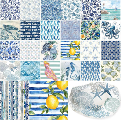 48 Pack 24 Style Blue Coastal Decoupage Napkins Mediterranean Tile Lemon Seashell Nautical Floral Tissue Paper Cocktail Napkin for Craft DIY Furniture Art Project Home Decor, Unfolded 13 inch