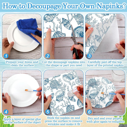 48 Pack 24 Style Blue Coastal Decoupage Napkins Mediterranean Tile Lemon Seashell Nautical Floral Tissue Paper Cocktail Napkin for Craft DIY Furniture Art Project Home Decor, Unfolded 13 inch