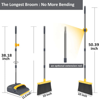Upgrade Broom and Dustpan Set, Broom with Dustpan Combo Set, Self-Cleaning with Dustpan Teeth, Indoor&Outdoor Sweeping, Stand Up Broom and Dustpan (Gray&Yellow)