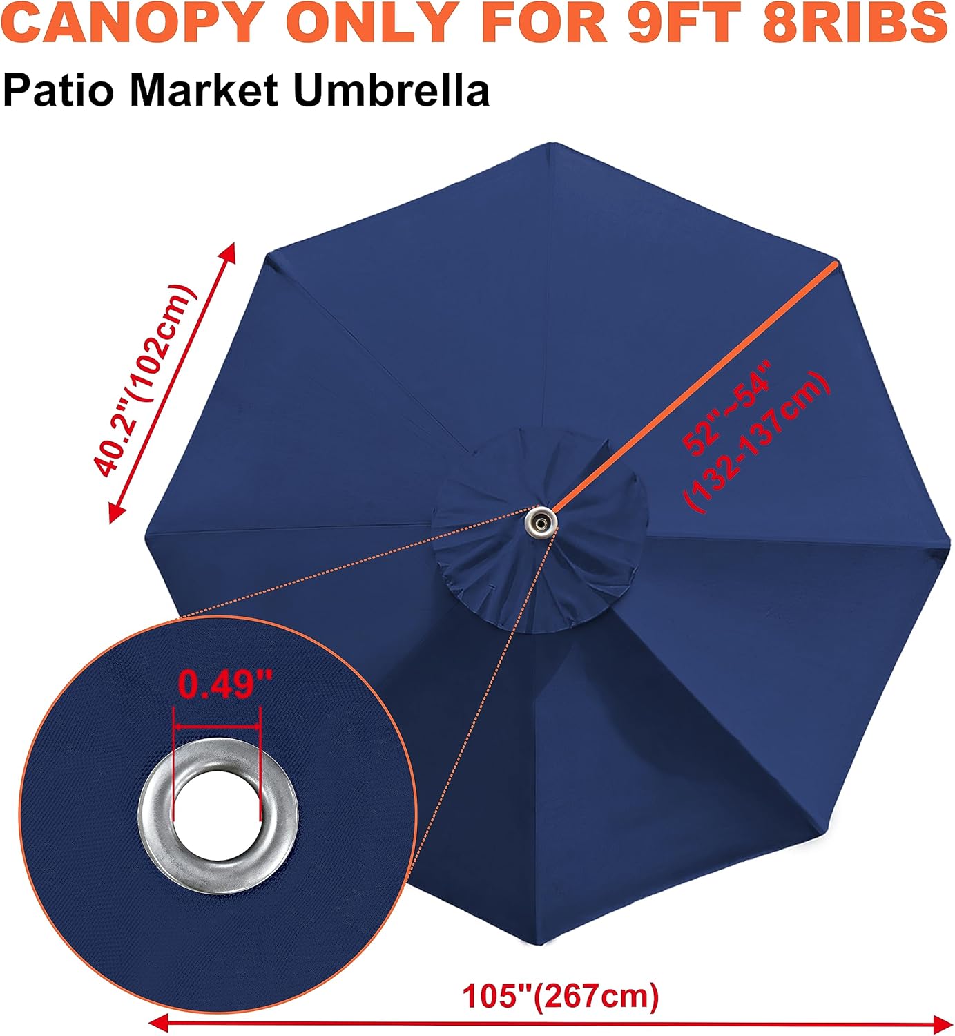 USA 9FT Patio Umbrella Replacement Covers 8 Ribs Market Umbrella Canopy Cover (CANOPY ONLY) (Navy Blue)