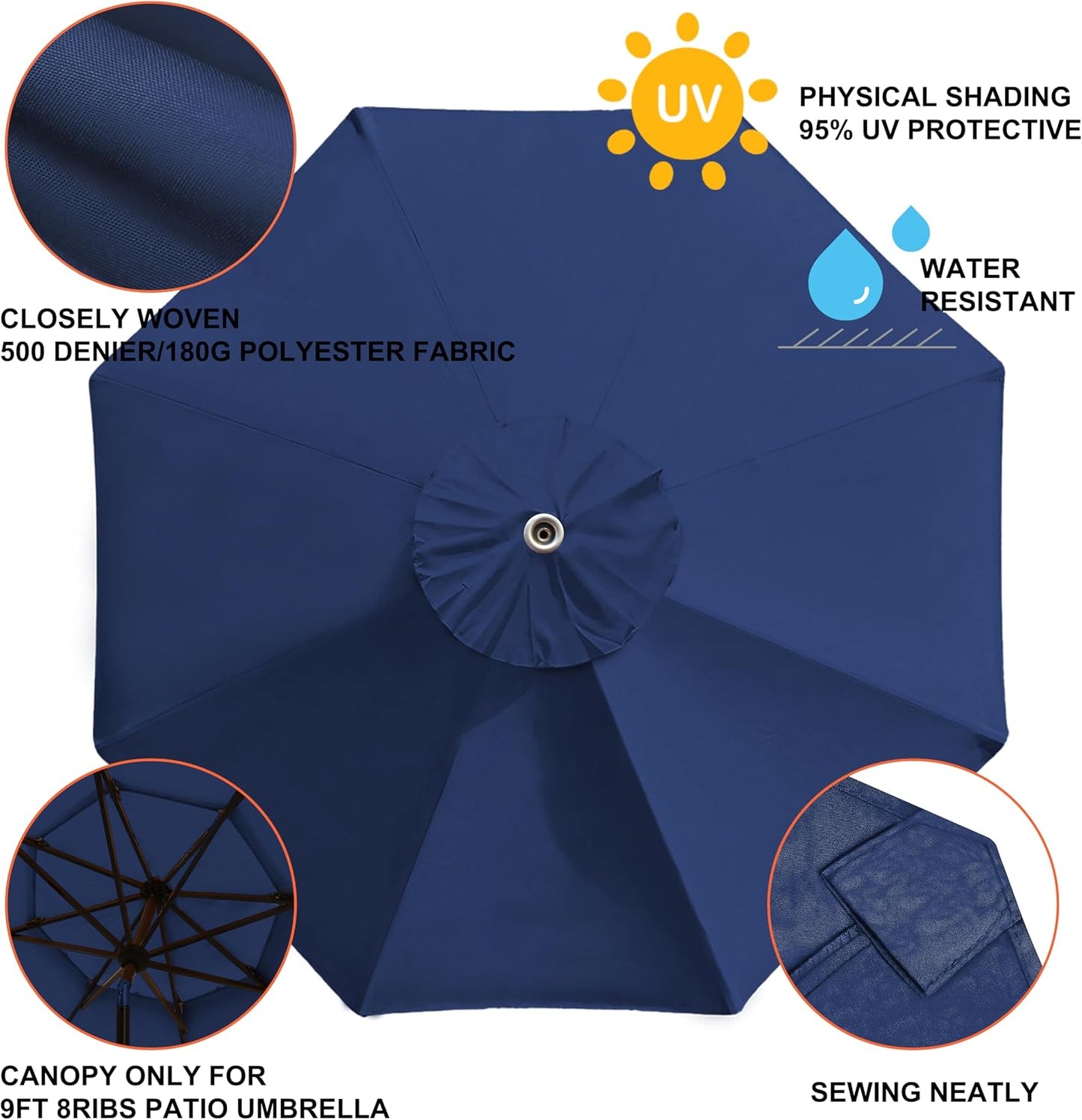 USA 9FT Patio Umbrella Replacement Covers 8 Ribs Market Umbrella Canopy Cover (CANOPY ONLY) (Navy Blue)