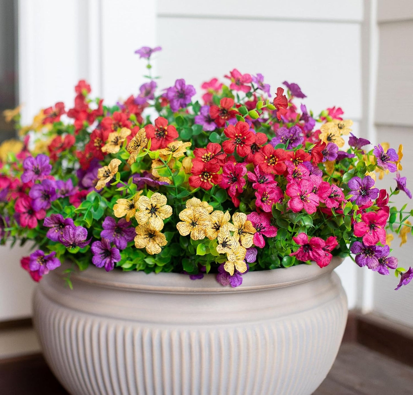 Artificial Flowers for Outdoor Indoor Garden Home Decoration, Faux Flower Daisy with Eucalyptus Leaves Fake Plants Greenery Boxwood Porch Patio, 12 Bundles (Mix Pink Red Purple Yellow)