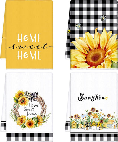 4 Pcs Sunflower Kitchen Towels Flower Floral Spring Hand Dish Towels Summer Yellow Buffalo Grid Fast Drying Tea Dishcloth Decor Housewarming Gift for Cooking Kitchen Bathroom