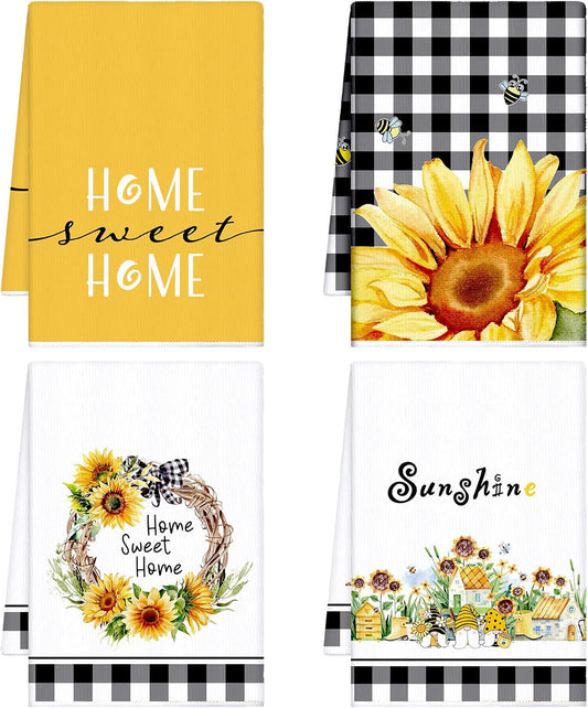 4 Pcs Sunflower Kitchen Towels Flower Floral Spring Hand Dish Towels Summer Yellow Buffalo Grid Fast Drying Tea Dishcloth Decor Housewarming Gift for Cooking Kitchen Bathroom