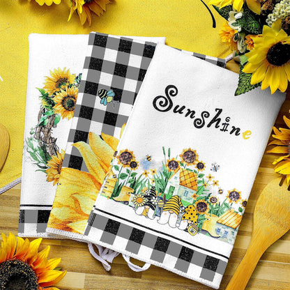 4 Pcs Sunflower Kitchen Towels Flower Floral Spring Hand Dish Towels Summer Yellow Buffalo Grid Fast Drying Tea Dishcloth Decor Housewarming Gift for Cooking Kitchen Bathroom