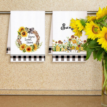 4 Pcs Sunflower Kitchen Towels Flower Floral Spring Hand Dish Towels Summer Yellow Buffalo Grid Fast Drying Tea Dishcloth Decor Housewarming Gift for Cooking Kitchen Bathroom