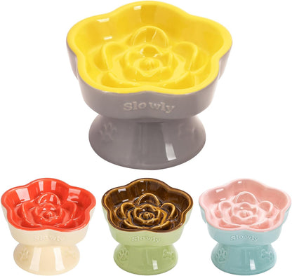 Raised Slow Feeder Cat Bowl, Ceramic Elevated Food Bowl Small Dogs Slow Feeder, Flower Shaped Cute Pet Dish for Dry and Wet Food (Yellow, 5.8")