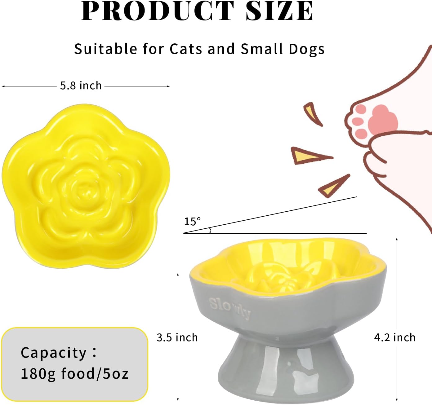 Raised Slow Feeder Cat Bowl, Ceramic Elevated Food Bowl Small Dogs Slow Feeder, Flower Shaped Cute Pet Dish for Dry and Wet Food (Yellow, 5.8")