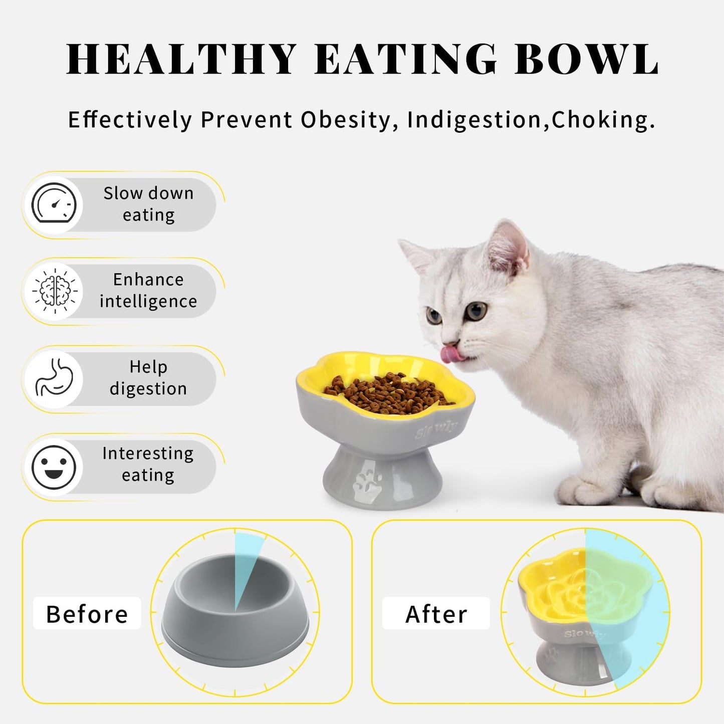 Raised Slow Feeder Cat Bowl, Ceramic Elevated Food Bowl Small Dogs Slow Feeder, Flower Shaped Cute Pet Dish for Dry and Wet Food (Yellow, 5.8")