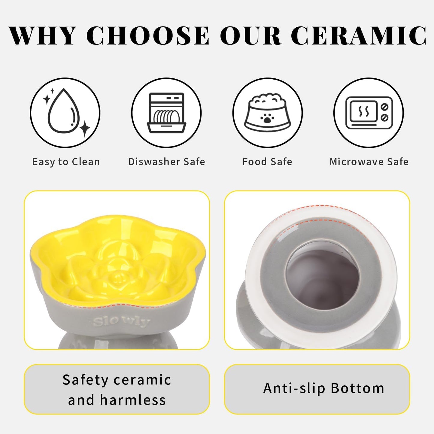 Raised Slow Feeder Cat Bowl, Ceramic Elevated Food Bowl Small Dogs Slow Feeder, Flower Shaped Cute Pet Dish for Dry and Wet Food (Yellow, 5.8")