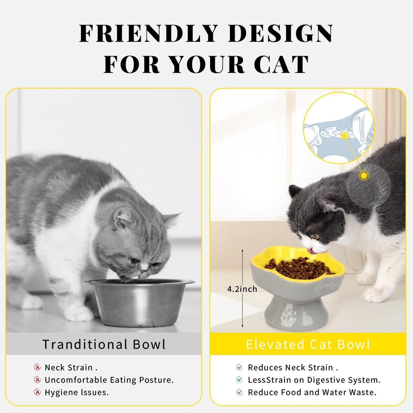 Raised Slow Feeder Cat Bowl, Ceramic Elevated Food Bowl Small Dogs Slow Feeder, Flower Shaped Cute Pet Dish for Dry and Wet Food (Yellow, 5.8")