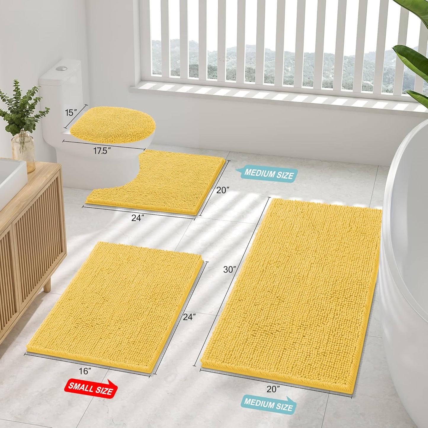 Luxury Chenille Toilet Rugs U-Shaped 20x20, Soft Absorbent Non-Slip Contour Bathroom Rugs for Toilet, Machine Washable Contoured Bath Mats, Yellow