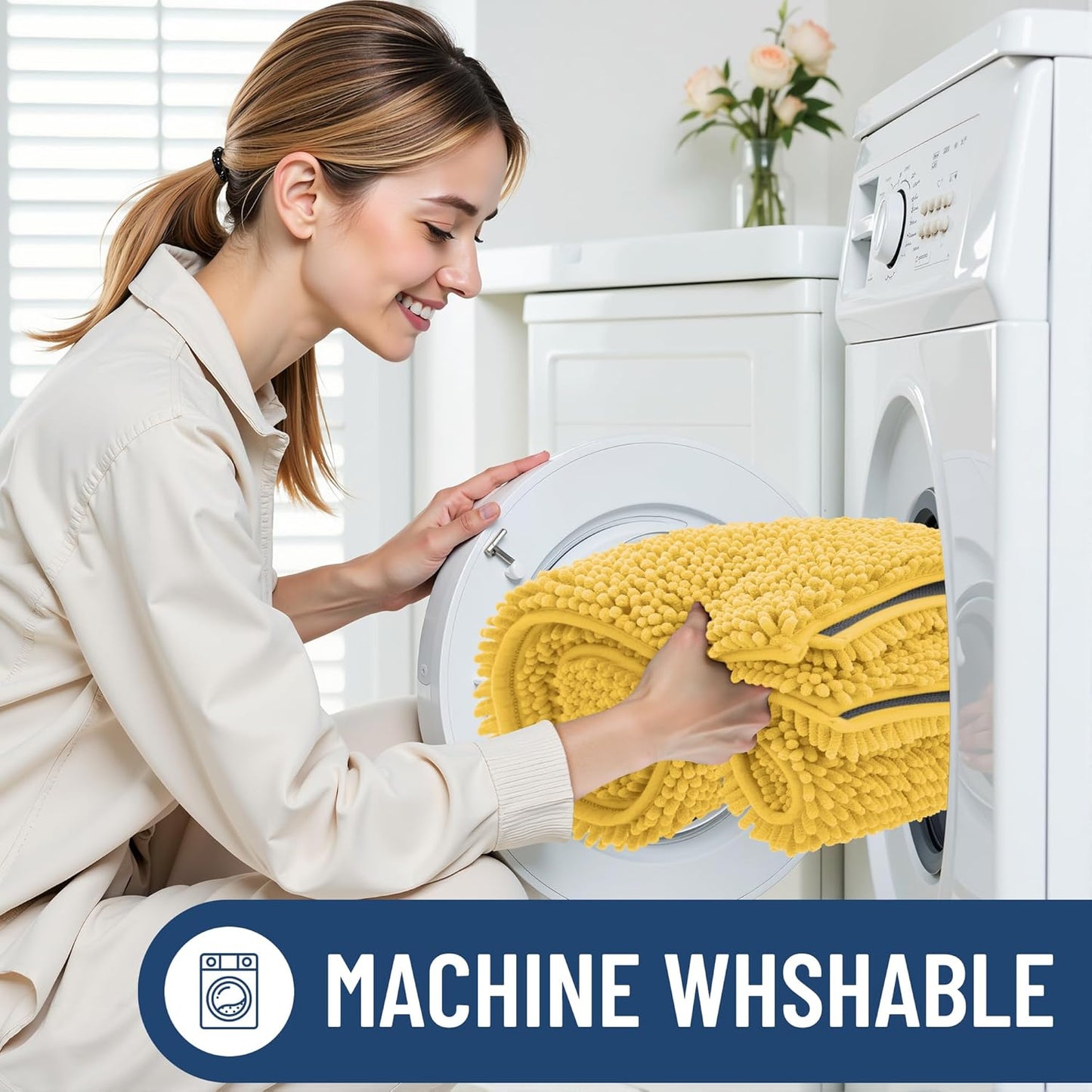 Luxury Chenille Toilet Rugs U-Shaped 20x20, Soft Absorbent Non-Slip Contour Bathroom Rugs for Toilet, Machine Washable Contoured Bath Mats, Yellow