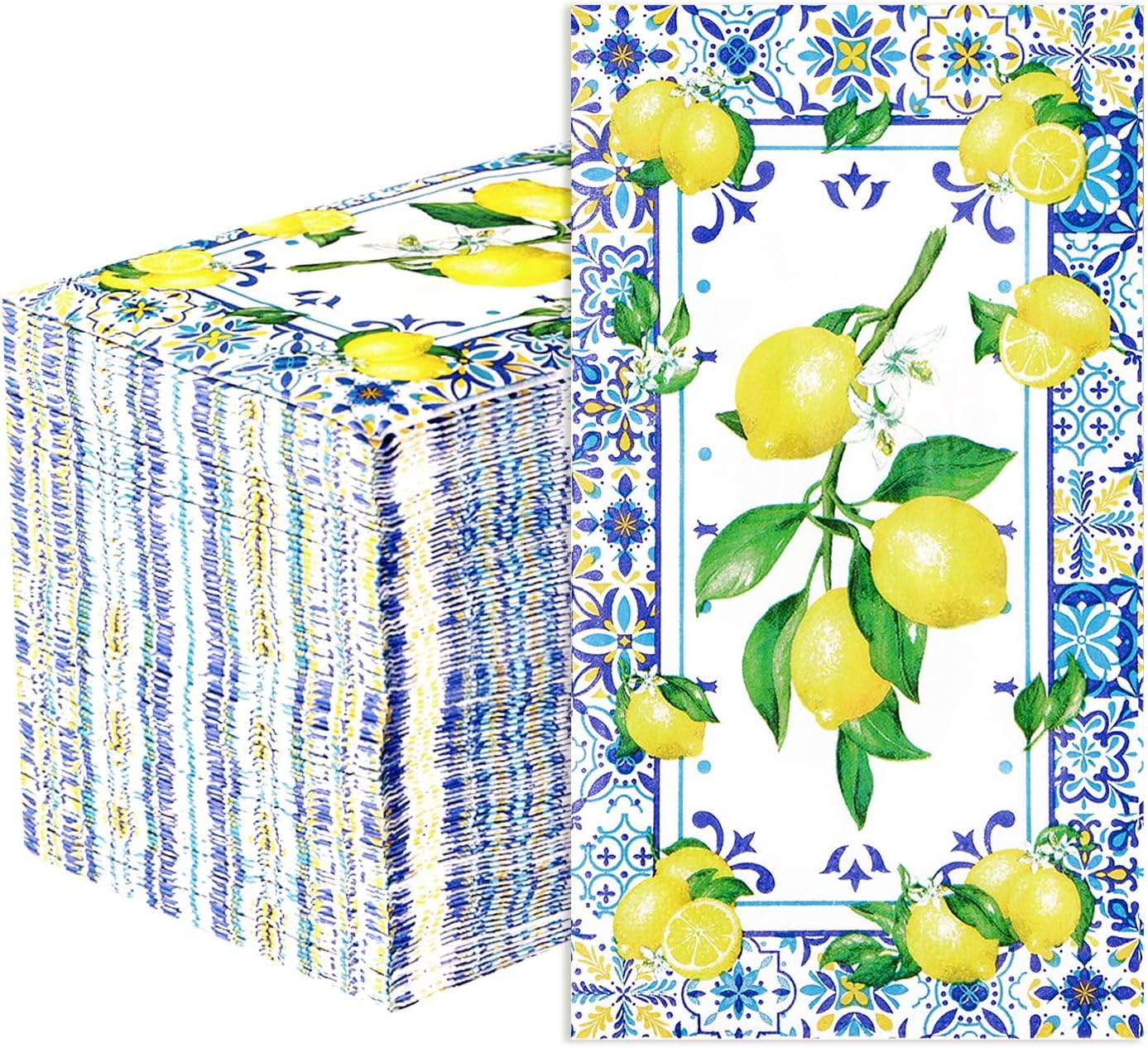 100Pcs Lemons Paper Napkins 3 Ply Blue Tile Pattern Lemons Napkins Blue Yellow Summer Napkins Disposable Paper Guest Towels for Bathroom Anniversary Wedding Bridal Shower Italian Theme Party