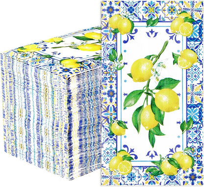 100Pcs Lemons Paper Napkins 3 Ply Blue Tile Pattern Lemons Napkins Blue Yellow Summer Napkins Disposable Paper Guest Towels for Bathroom Anniversary Wedding Bridal Shower Italian Theme Party
