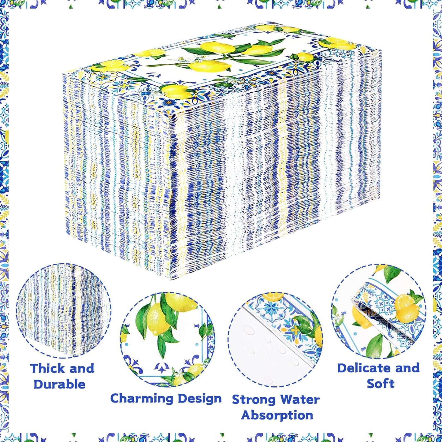 100Pcs Lemons Paper Napkins 3 Ply Blue Tile Pattern Lemons Napkins Blue Yellow Summer Napkins Disposable Paper Guest Towels for Bathroom Anniversary Wedding Bridal Shower Italian Theme Party