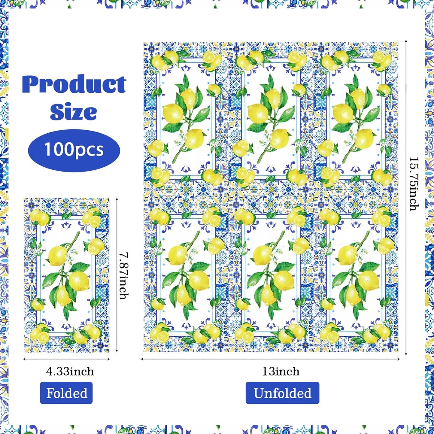 100Pcs Lemons Paper Napkins 3 Ply Blue Tile Pattern Lemons Napkins Blue Yellow Summer Napkins Disposable Paper Guest Towels for Bathroom Anniversary Wedding Bridal Shower Italian Theme Party