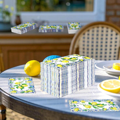 100Pcs Lemons Paper Napkins 3 Ply Blue Tile Pattern Lemons Napkins Blue Yellow Summer Napkins Disposable Paper Guest Towels for Bathroom Anniversary Wedding Bridal Shower Italian Theme Party