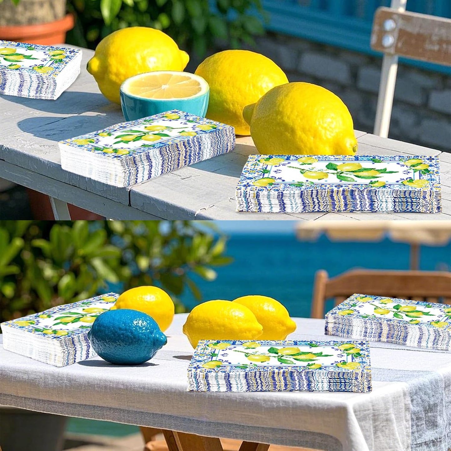 100Pcs Lemons Paper Napkins 3 Ply Blue Tile Pattern Lemons Napkins Blue Yellow Summer Napkins Disposable Paper Guest Towels for Bathroom Anniversary Wedding Bridal Shower Italian Theme Party
