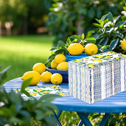 100Pcs Lemons Paper Napkins 3 Ply Blue Tile Pattern Lemons Napkins Blue Yellow Summer Napkins Disposable Paper Guest Towels for Bathroom Anniversary Wedding Bridal Shower Italian Theme Party