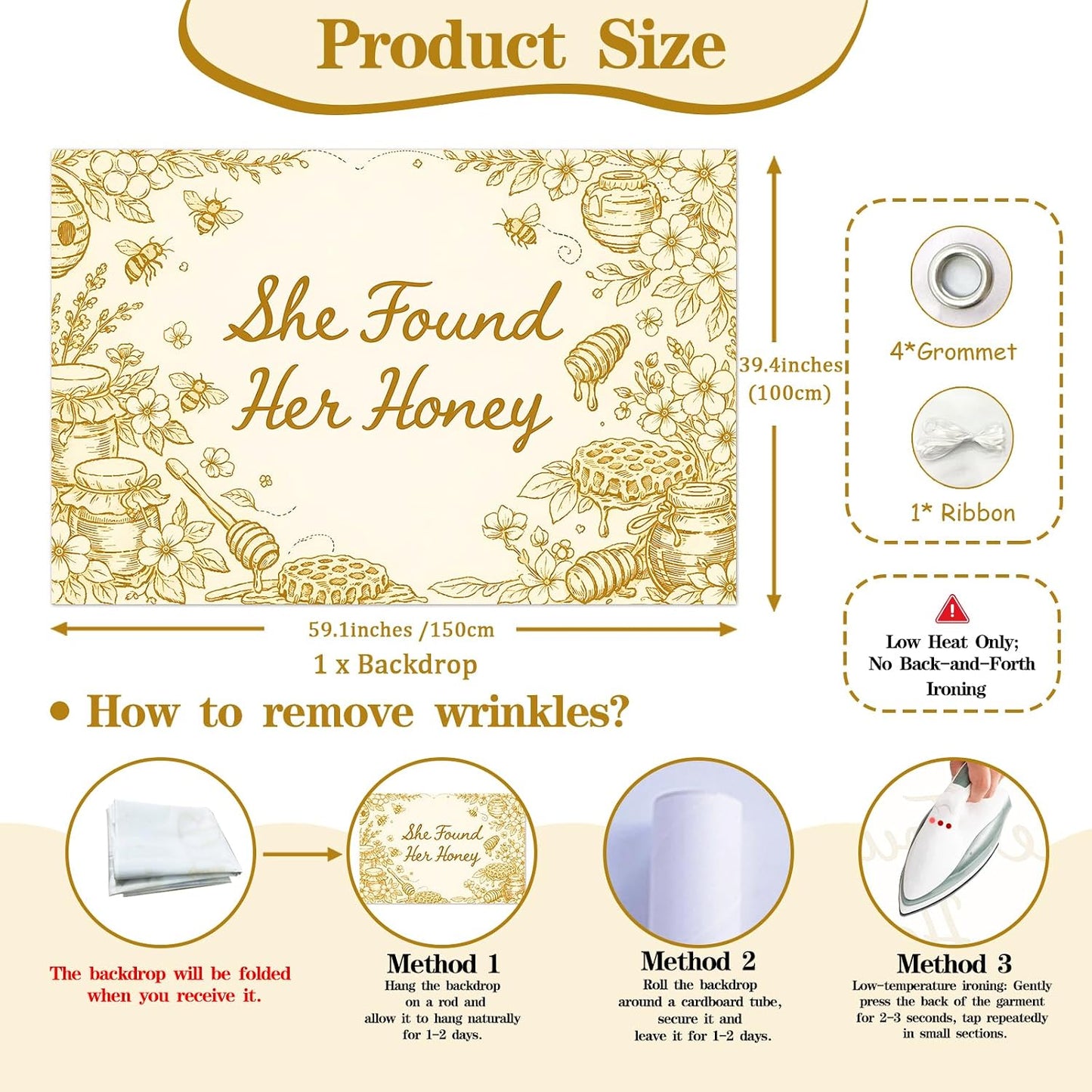 She Found Her Honey Bridal Shower Backdrop 5x3ft Yellow Sketch Bee & Honeycomb Jar Banner Bee Bridal Shower Backdrop Vinyl for Honey Bee Bachelorette Party Wall Decor Supplies
