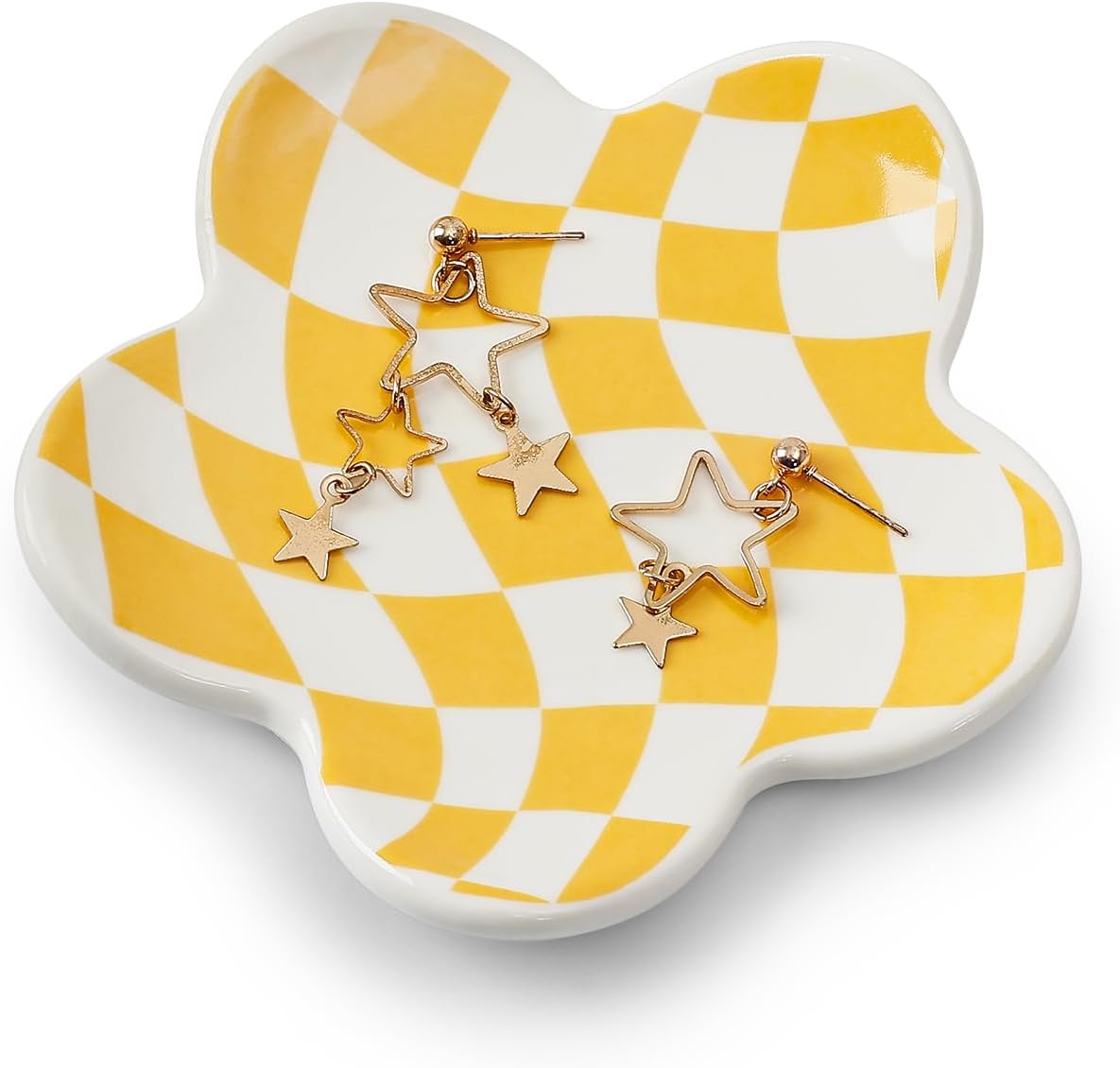 Aesthetic Jewelry Tray for Girls, Decorative Bedroom Vanity Organizer, Preppy Teen Room Decor Accessories, Gift for Women (Yellow White Diamond Grid)