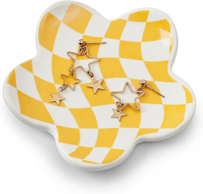 Aesthetic Jewelry Tray for Girls, Decorative Bedroom Vanity Organizer, Preppy Teen Room Decor Accessories, Gift for Women (Yellow White Diamond Grid)