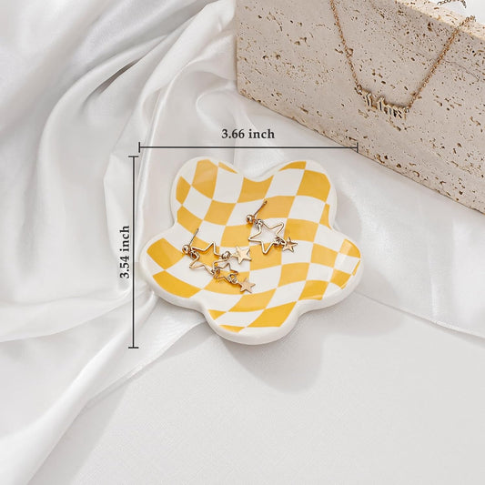 Aesthetic Jewelry Tray for Girls, Decorative Bedroom Vanity Organizer, Preppy Teen Room Decor Accessories, Gift for Women (Yellow White Diamond Grid)