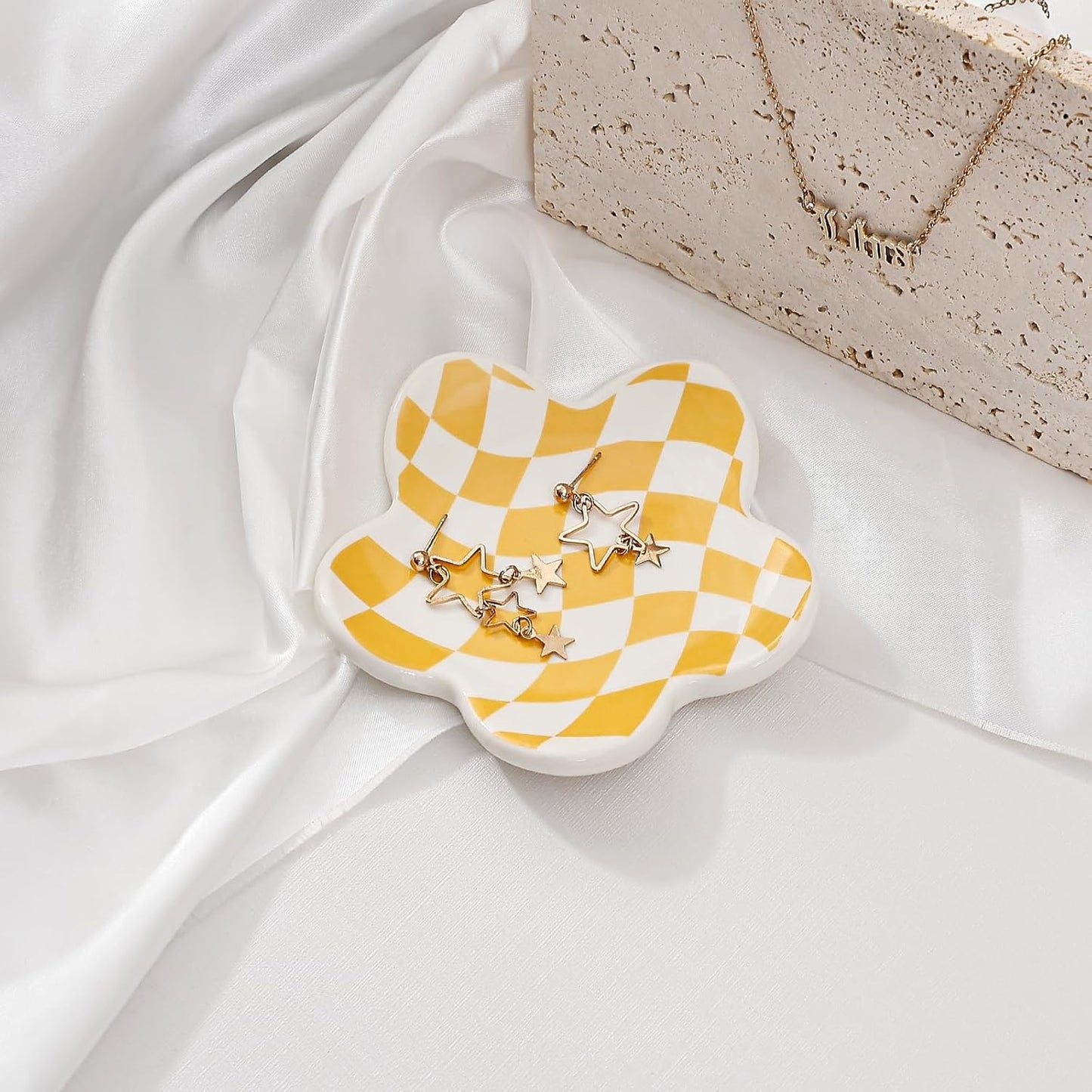 Aesthetic Jewelry Tray for Girls, Decorative Bedroom Vanity Organizer, Preppy Teen Room Decor Accessories, Gift for Women (Yellow White Diamond Grid)