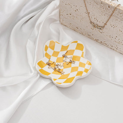Aesthetic Jewelry Tray for Girls, Decorative Bedroom Vanity Organizer, Preppy Teen Room Decor Accessories, Gift for Women (Yellow White Diamond Grid)