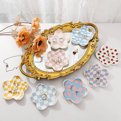 Aesthetic Jewelry Tray for Girls, Decorative Bedroom Vanity Organizer, Preppy Teen Room Decor Accessories, Gift for Women (Yellow White Diamond Grid)