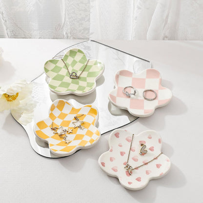 Aesthetic Jewelry Tray for Girls, Decorative Bedroom Vanity Organizer, Preppy Teen Room Decor Accessories, Gift for Women (Yellow White Diamond Grid)