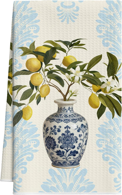 Lemon Kitchen Towels, Blue White Chinoiserie Porcelain Dish Towels, 12 | Decorative Retro Lemon Floral Tea Hand Towel For Bathroom, Pretty Housewarming Gifts For Holiday Thanksgiving Christmas